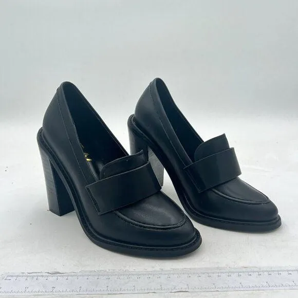 YDN Black Chunky High Heels Round Toe Oxford Loafer Slip On Office Work Pumps