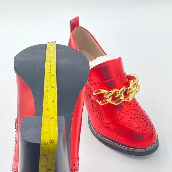 YDN Red Chain Chunky High Heels Round Toe Oxford Loafer Material Shoe