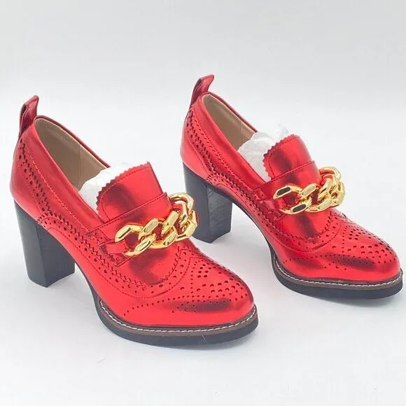 YDN Red Chain Chunky High Heels Round Toe Oxford Loafer Material Shoe