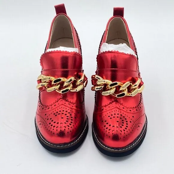 YDN Red Chain Chunky High Heels Round Toe Oxford Loafer Material Shoe