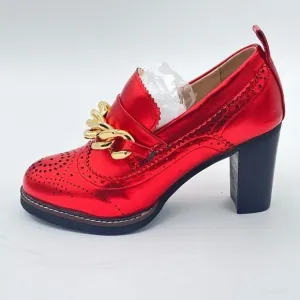 YDN Red Chain Chunky High Heels Round Toe Oxford Loafer Material Shoe