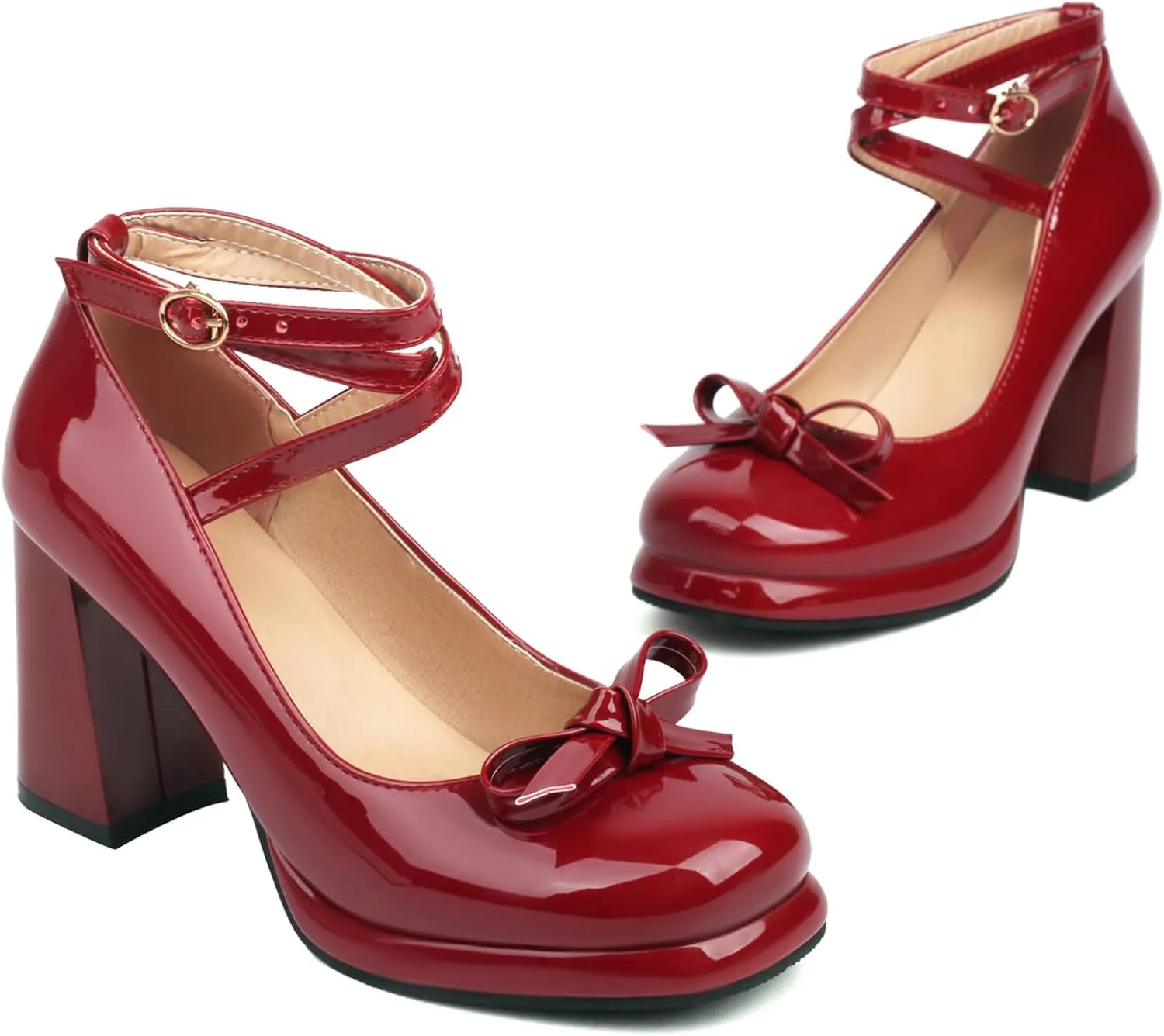 YIYA Women's Platform Mary Jane Shoes Pumps Heels Bow Lolita Platform Chunky Block High Heels Close Round Toe Ankle Buckle Strappy Cute Party Dress Shoes