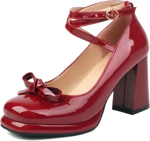 YIYA Women's Platform Mary Jane Shoes Pumps Heels Bow Lolita Platform Chunky Block High Heels Close Round Toe Ankle Buckle Strappy Cute Party Dress Shoes