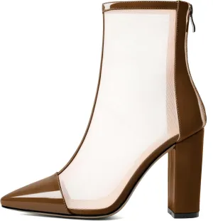 YODEKS Women's Chunky Block Heel Ankle Boots Sexy Pointed Toe High Heel Boots with Clear Mesh Ladies Zipper Boots Mid Calf Booties Shoes