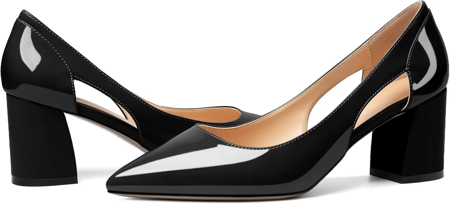 Zamikoo Women's Mid Block Heel Pumps, Pointed Toe Slip On Cutout Chunky Heels Ladies Office Event Party Dress Shoes 2.5 Inches