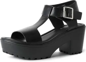 ZooShoo J. Adams Corby Platform Sandal - Low Heel T-Strap Open Toe Flatform Ankle Strap, Black Pu, 8